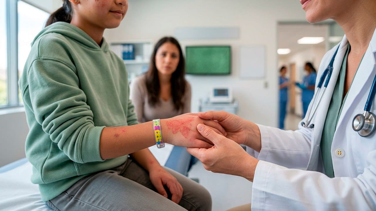 Médico segurando a mão de uma criança em uma consulta diagnosticando Lúpus pediátrico