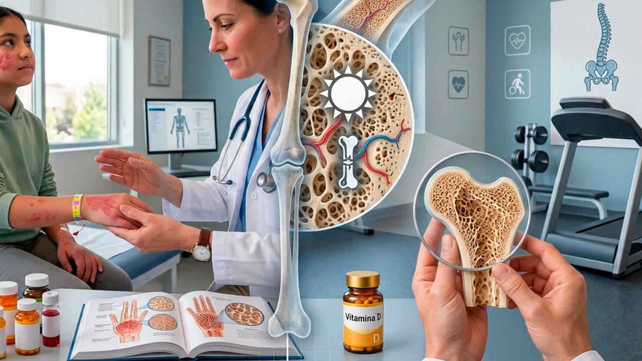 Paciente pediátrica com lesões na pele, indicando Lúpus pediátrico e médica prescrevendo uso de vitamina D para reforço ósseo